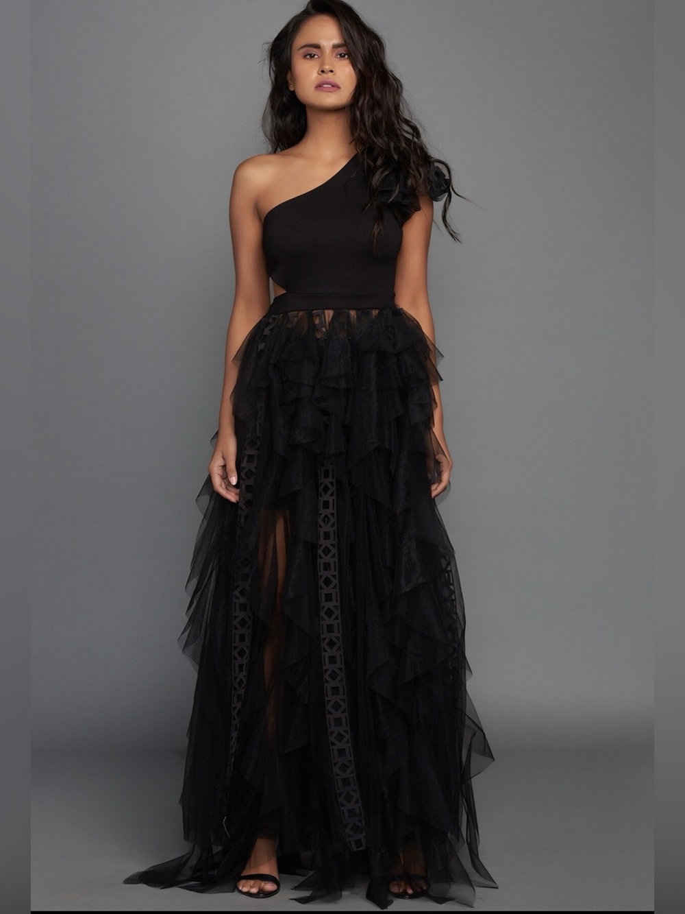 Black One-Shoulder Ruffled Tulle Gown